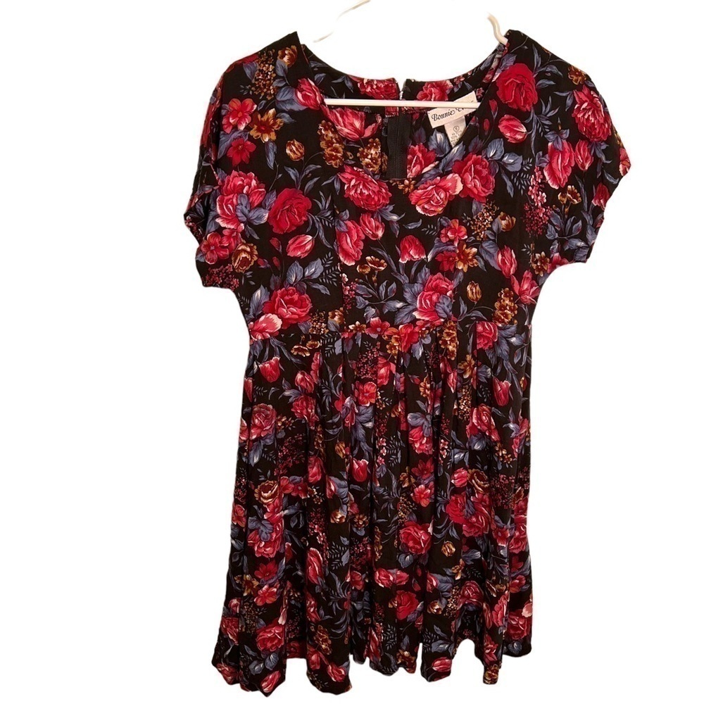 Vintage Bonnie Evans Women's Sz 8 Fit & Flare Dress Scoop Neck Black Pink Floral